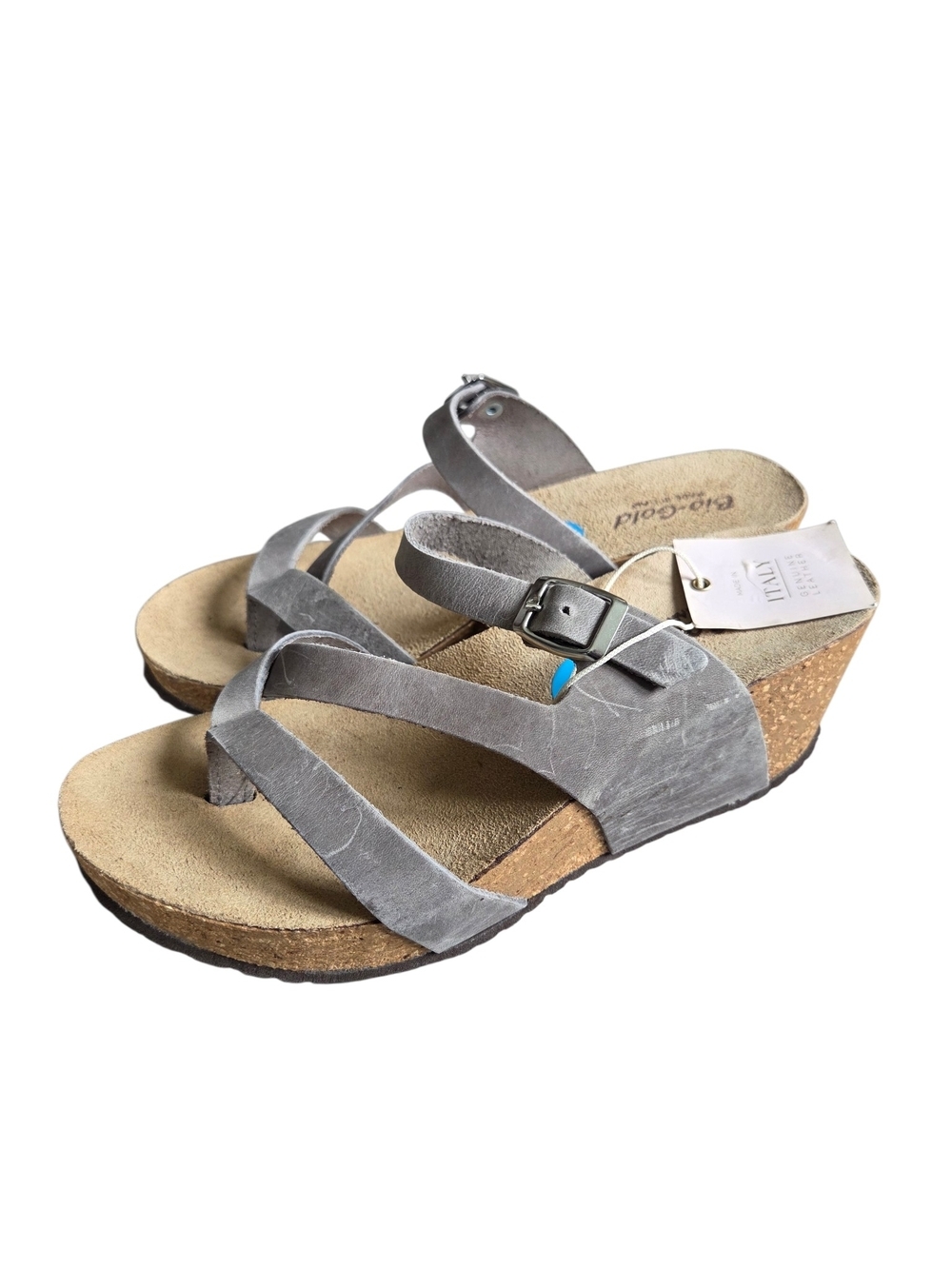 Bio Gold Gray Leather Wedge Sandals 6.5 NWT